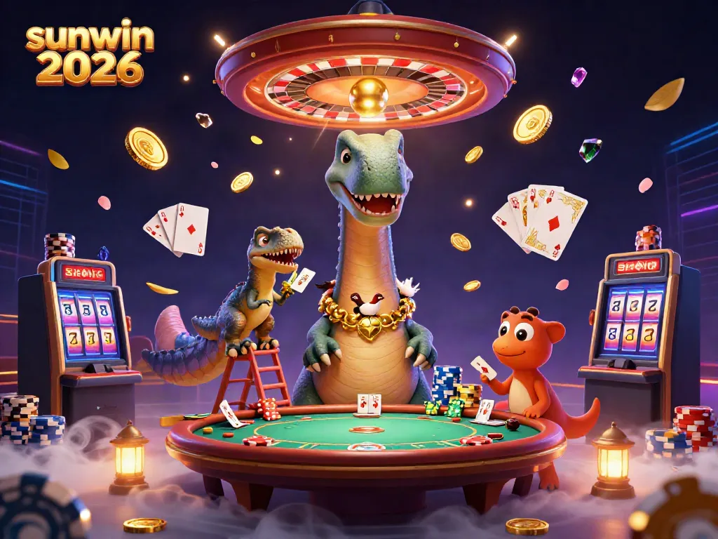 Experience excitement with sunwin 2026 as a tall brontosaurus observes a poker game, cards flying around.