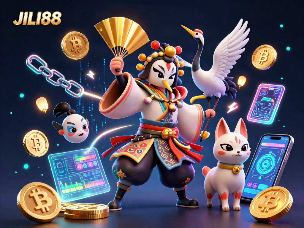 Engage with JILI88's vibrant 3D casino scene featuring kabuki warriors and crypto themes.