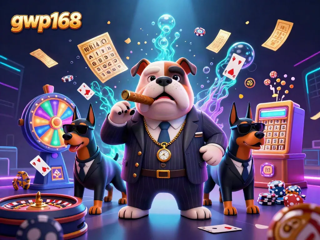Permainan gwp168 dalam suasana dijaga mafia bulldog, dealer kasino interaktif dan elemen berwarna.
