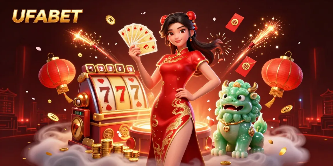 Experience the excitement at UFABET with a vibrant casino scene featuring a woman in a qipao and a jade lion guardian.