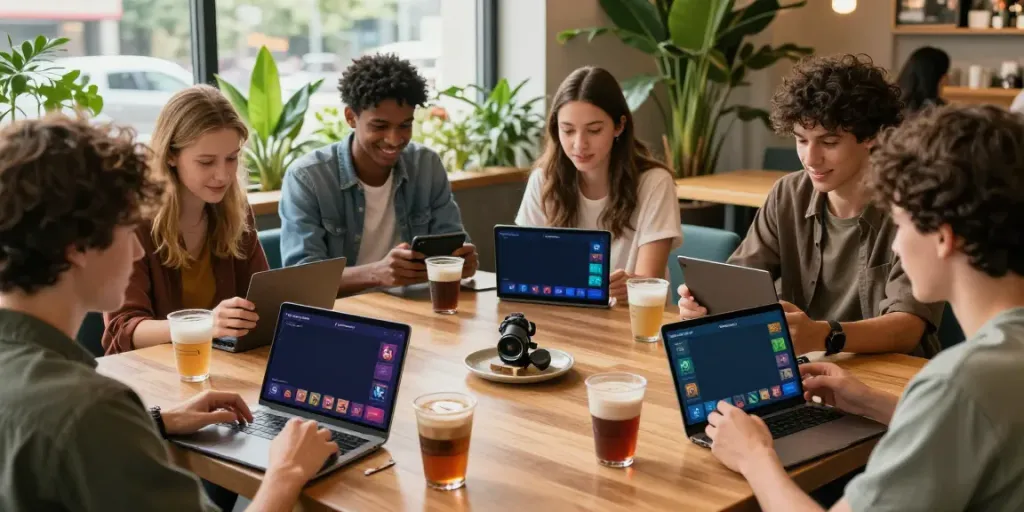 Group of friends enjoying Yono Games on mobile devices in a lively café.