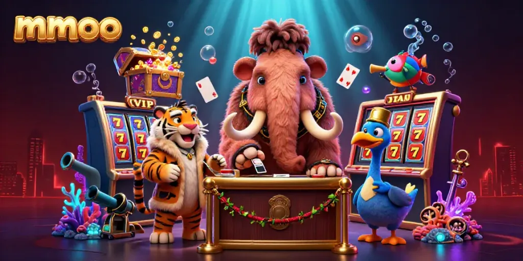mmoo casino scene featuring a woolly mammoth bouncer and vibrant gaming elements