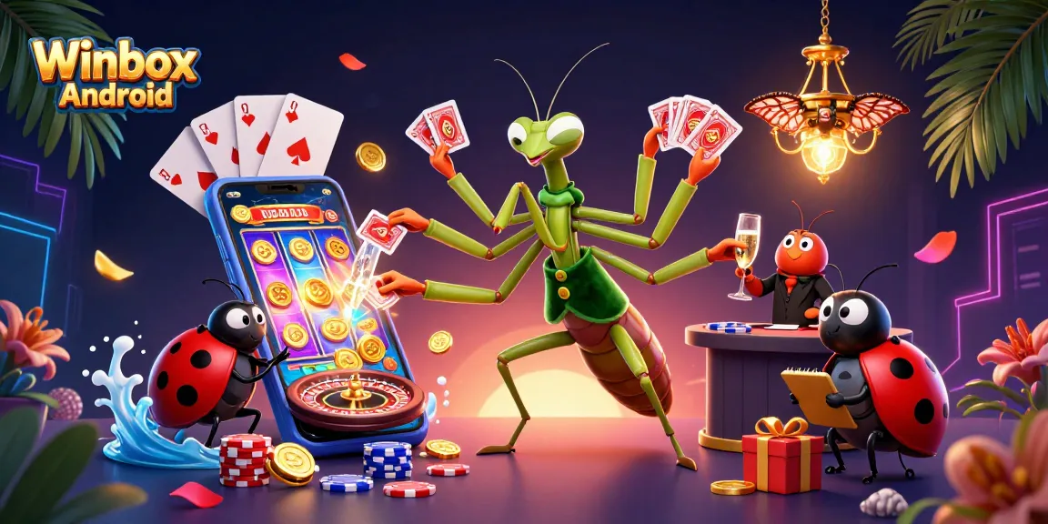 Winbox Android gameplay illustrated with a giant praying mantis card sharp, ladybug pit boss, and dynamic gaming elements.