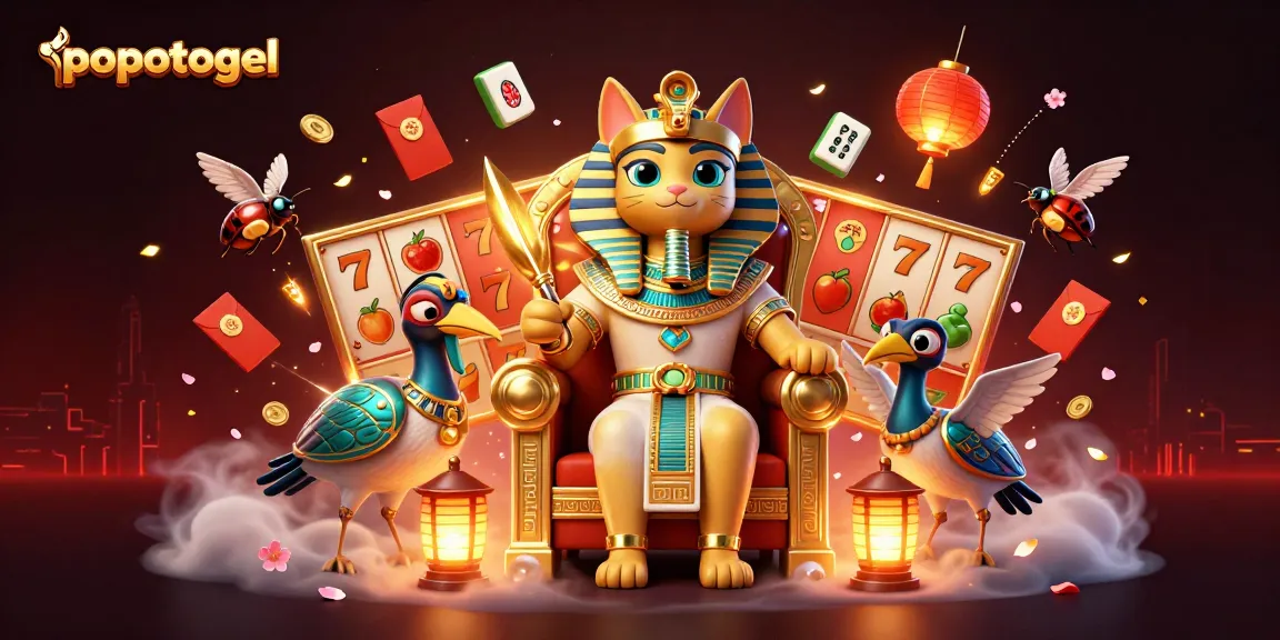 Explore popotogel's thrilling slot games with captivating characters amidst vibrant casino elements.