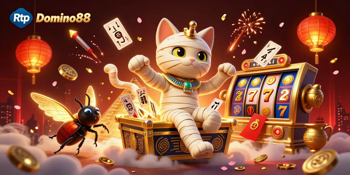 Experience Rtp Domino88 thrilling gameplay with a vibrant blend of slots, 3D mummy cat, and casino elements.