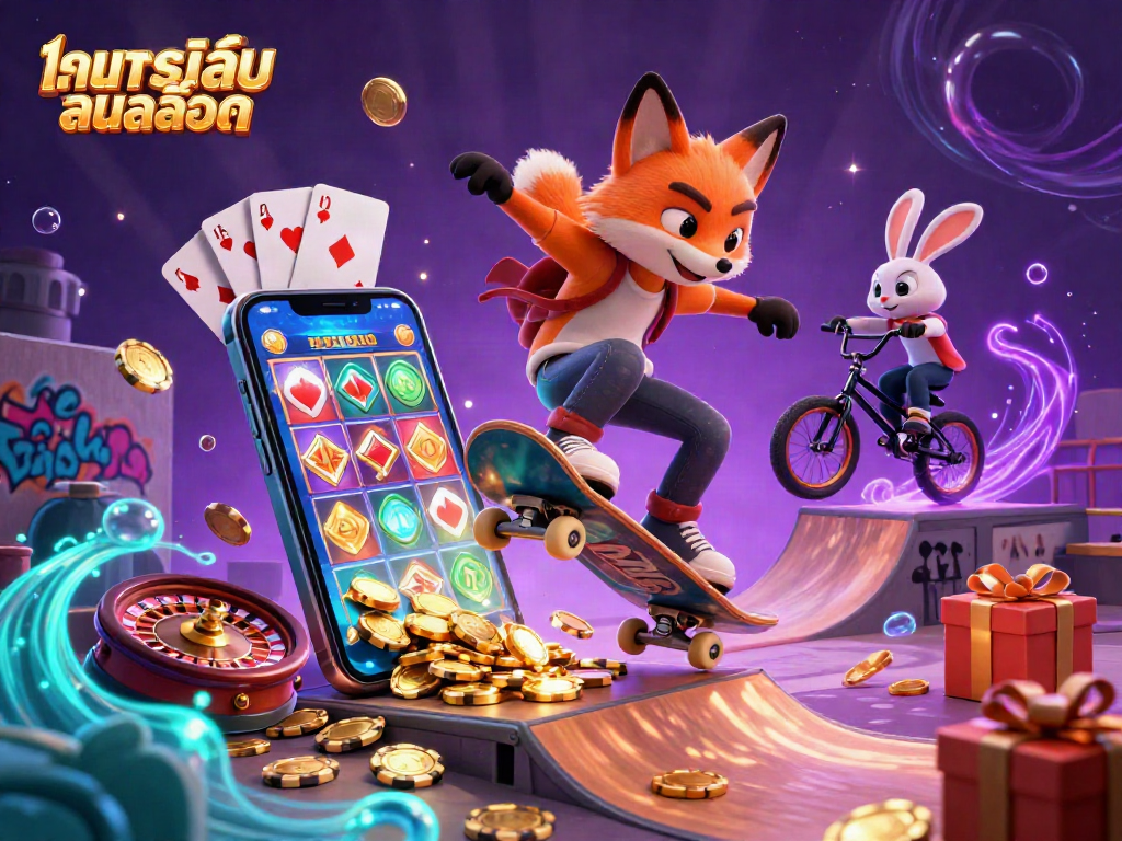 Engage in ทดลองเล่นสล็อต with vibrant characters mastering tricks amidst a dynamic casino-themed scene.