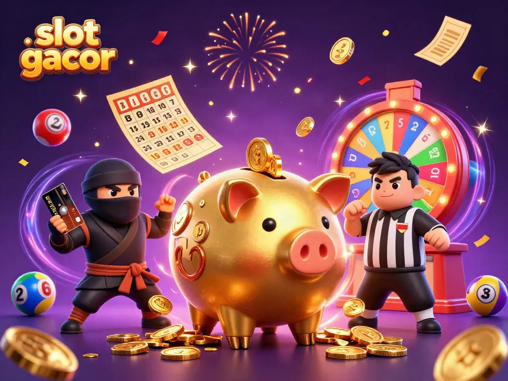 Experience thrilling slot gacor action with a vibrant 3D scene of a golden piggy bank sumo wrestler and colorful casino elements.