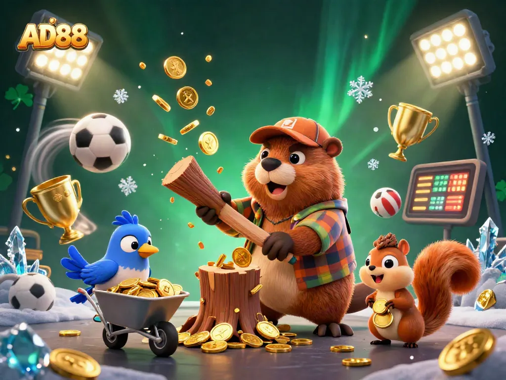Engage with AD88 as the beaver celebrates a win, collecting golden coins amid dynamic sports action.