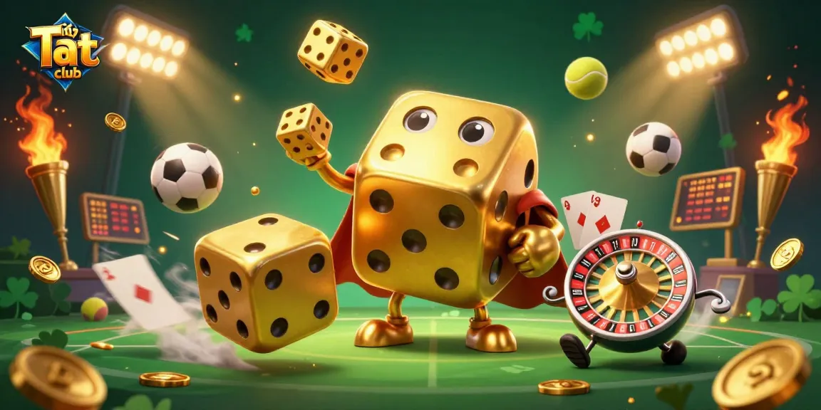 Play Tải hit club with vibrant 3D elements featuring golden dice and dynamic sports action.