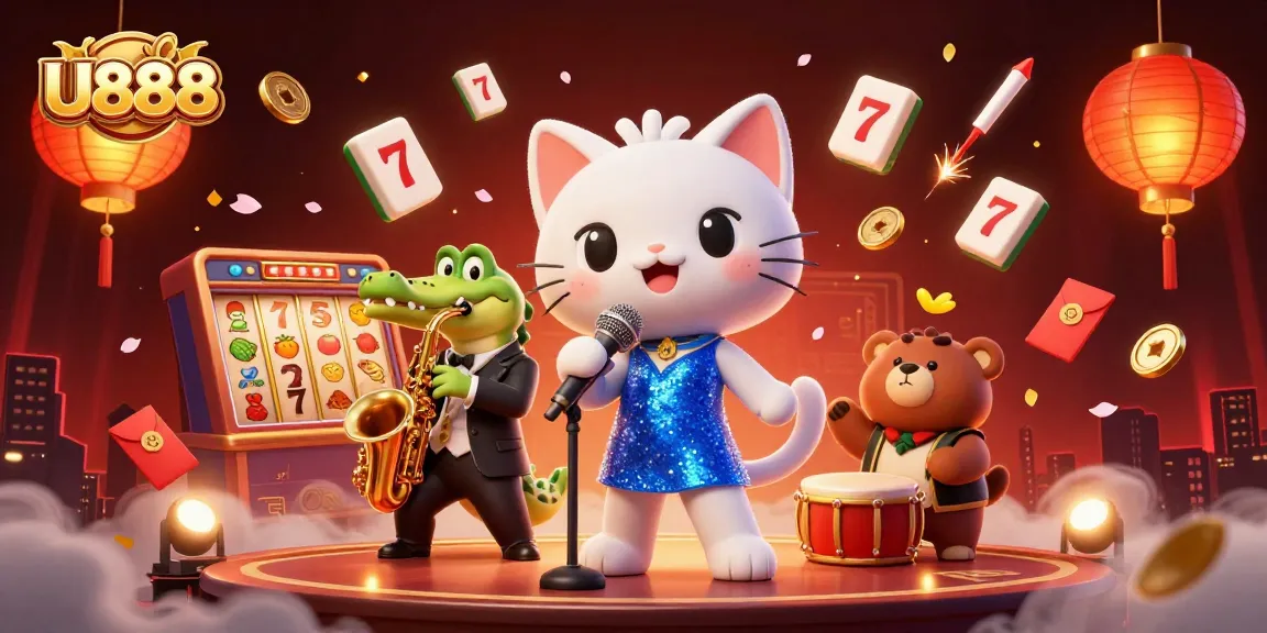 Experience the excitement of U888 with a vibrant casino scene featuring lively characters and jackpot-themed elements.