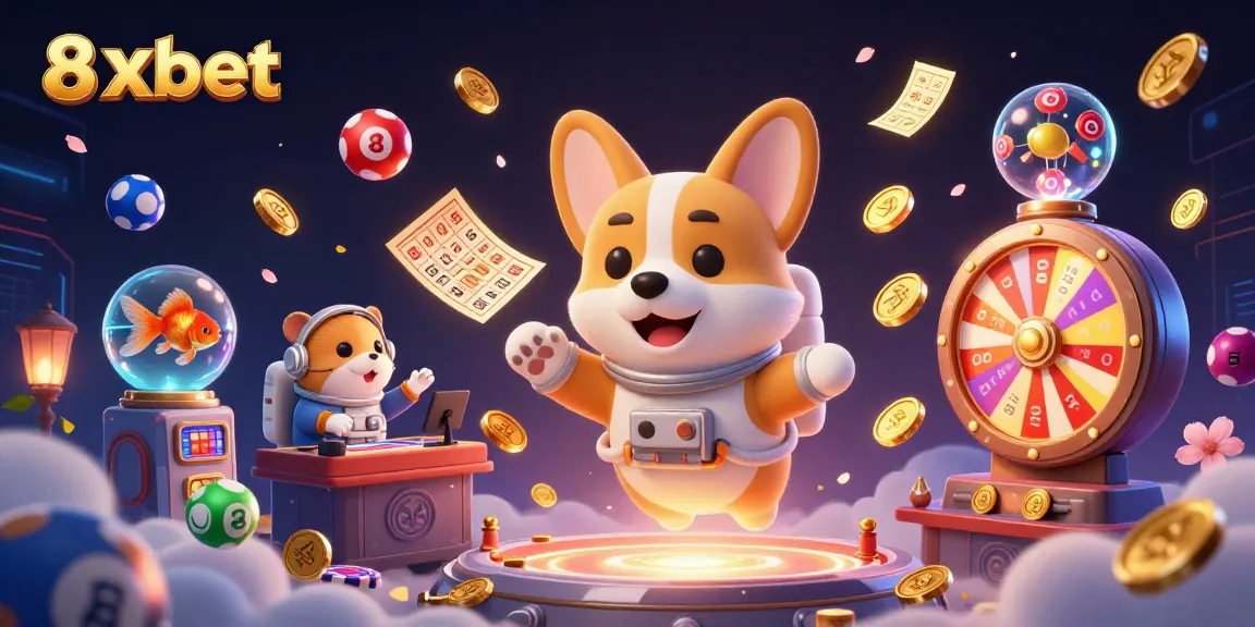 Engage in exciting gameplay with 8xbet's floating characters in a vibrant casino scene.