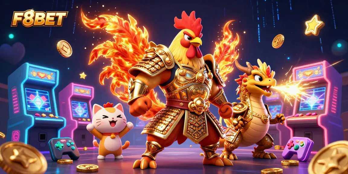 Experience the thrill of F8BET with a dynamic 3D fighting rooster and dragon in a colorful casino scene.