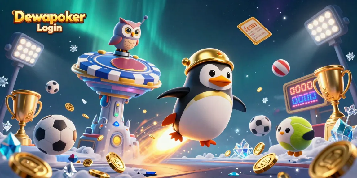 Dewapoker Login features a golden penguin blasting through space towards a casino, surrounded by sports elements.