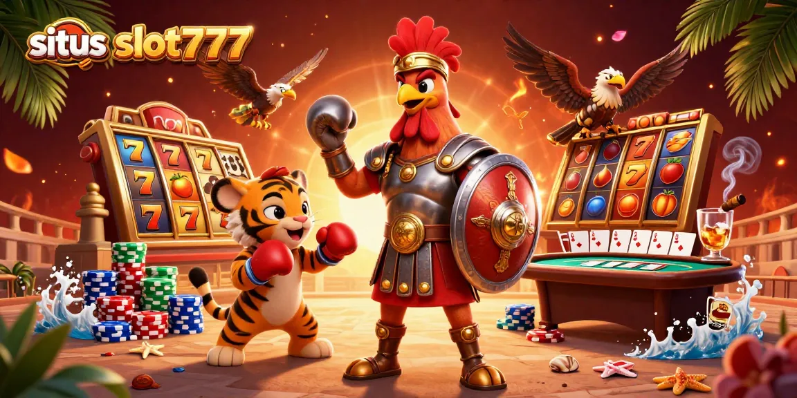 Spark excitement at situs slot777 with a 3D gladiator rooster and slot reels in a bustling casino scene.