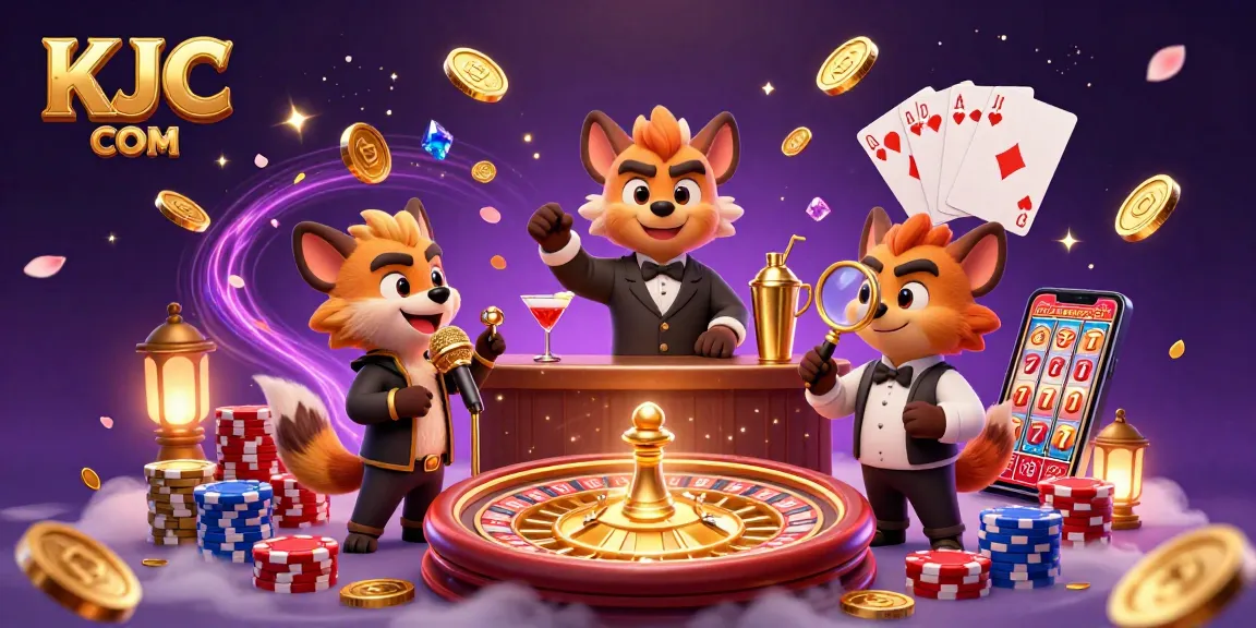 KJC COM hyena-themed casino scene with a comedian, bartender, and bouncer, featuring fun gambling elements.
