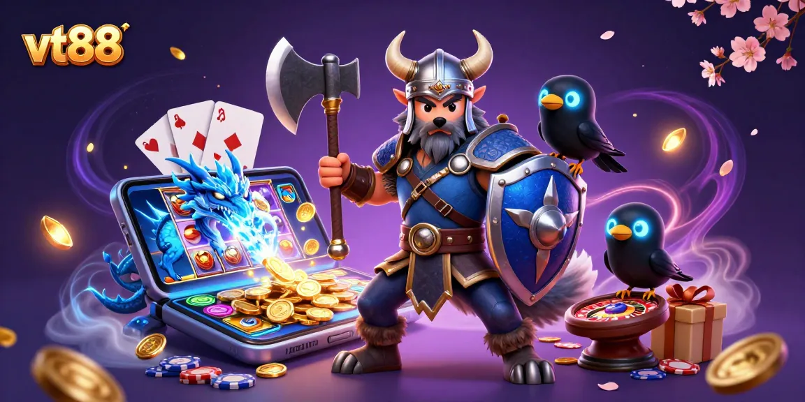 Engage with the exciting vt88 gaming scene featuring a Viking warrior, dragon, and vibrant casino elements.