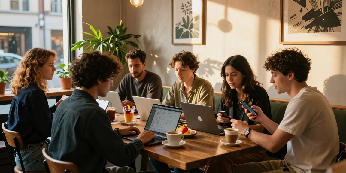 Engaging café scene with friends discussing nsfw content in urban lifestyle.