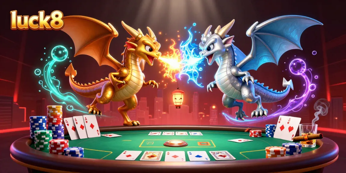 Engage in luck8's thrilling atmosphere with dragons, poker chips, and vibrant glow effects.
