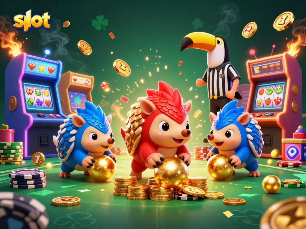 Rival pangolins in armor compete in slots-themed game, surrounded by colorful casino elements.