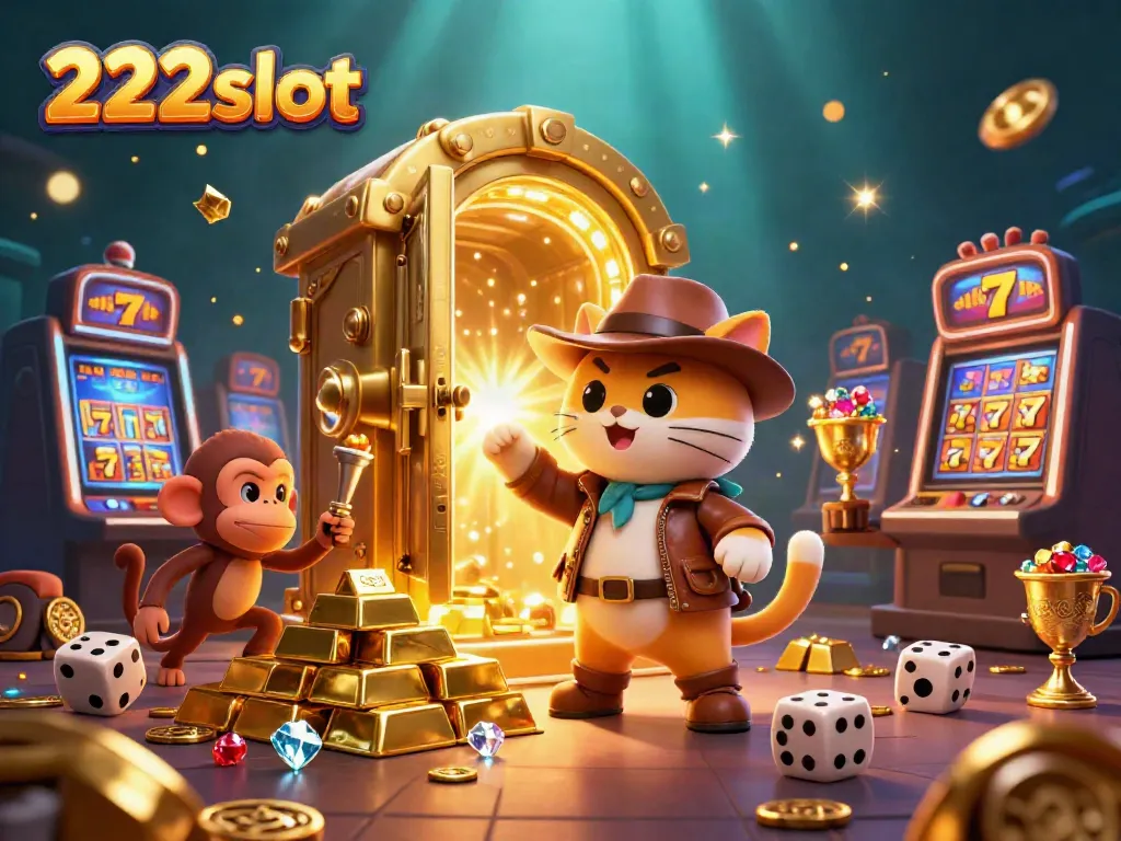 Gambaran 222slot yang menggambarkan kucing arkeolog dalam penemuan kasino dengan artefak berkilau dan simbol slot