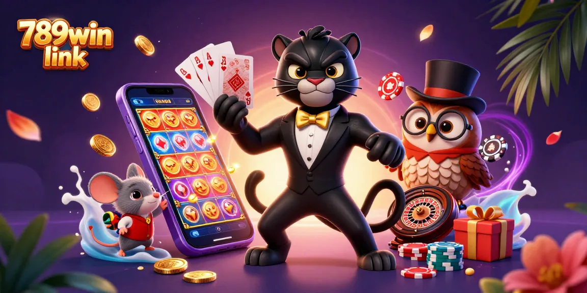 Engage with 789win link as a stylish black panther deals cards in a vibrant casino scene.