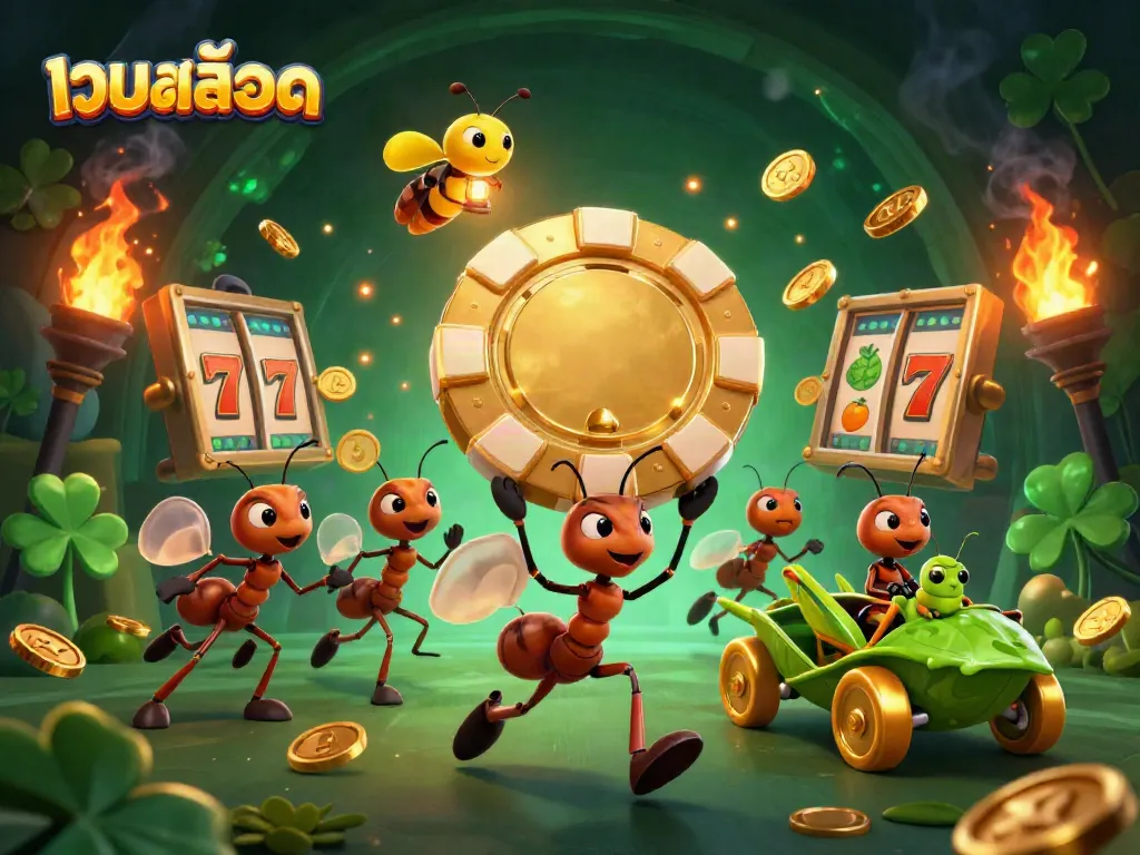 Experience เว็บสล็อต thrills with cartoon ants heisting a giant poker chip, surrounded by dynamic gaming elements.