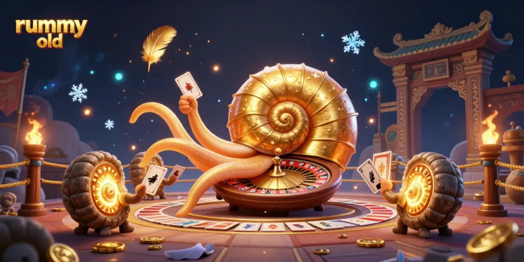 Experience rummy old with a giant nautilus roulette wheel, glowing ammonites, and vibrant game elements.