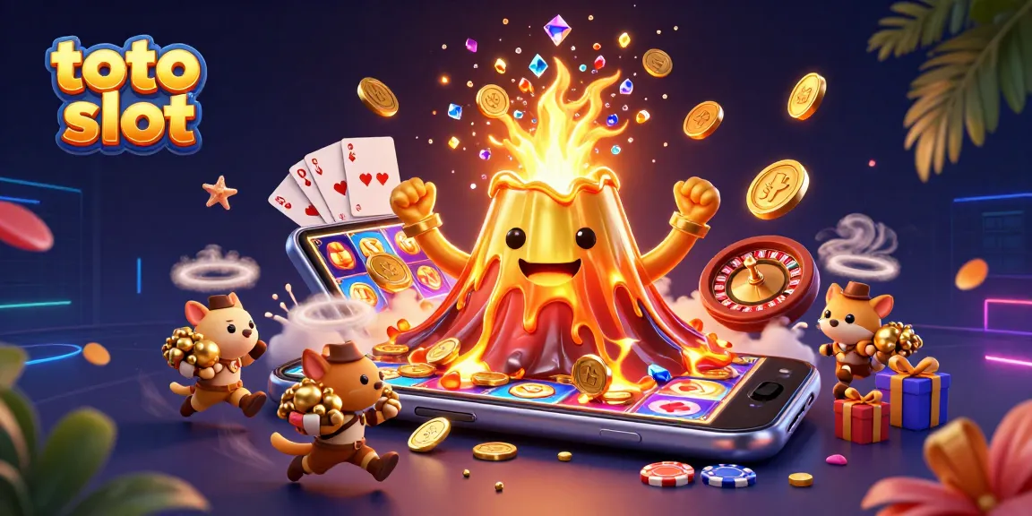 Experience the thrill of toto slot with a vibrant 3D illustration showcasing a golden volcano and treasures amidst lively gaming elements.