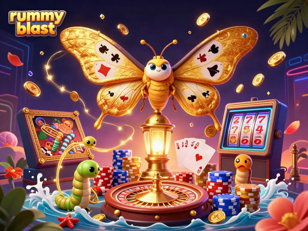 Experience the thrill of rummy blast with a vibrant illustration featuring cards, coins, and a moth.