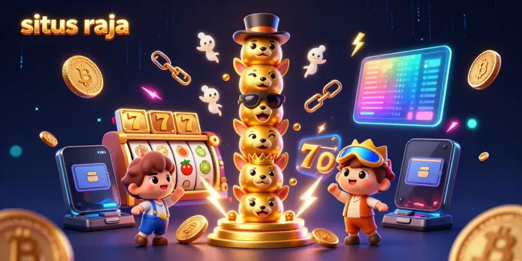 Gambarkan situs raja melalui ilustrasi kasino digital 3D yang ceria dan kaya.