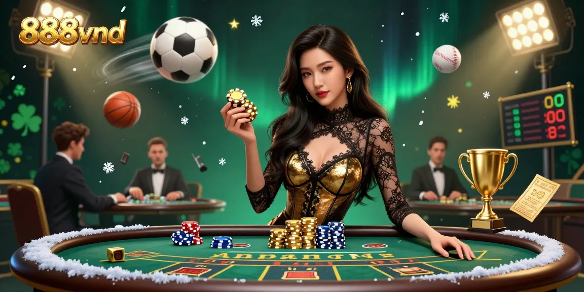 Experience high-stakes gaming with 888vnd at a glamorous VIP baccarat table amid dynamic sports elements.