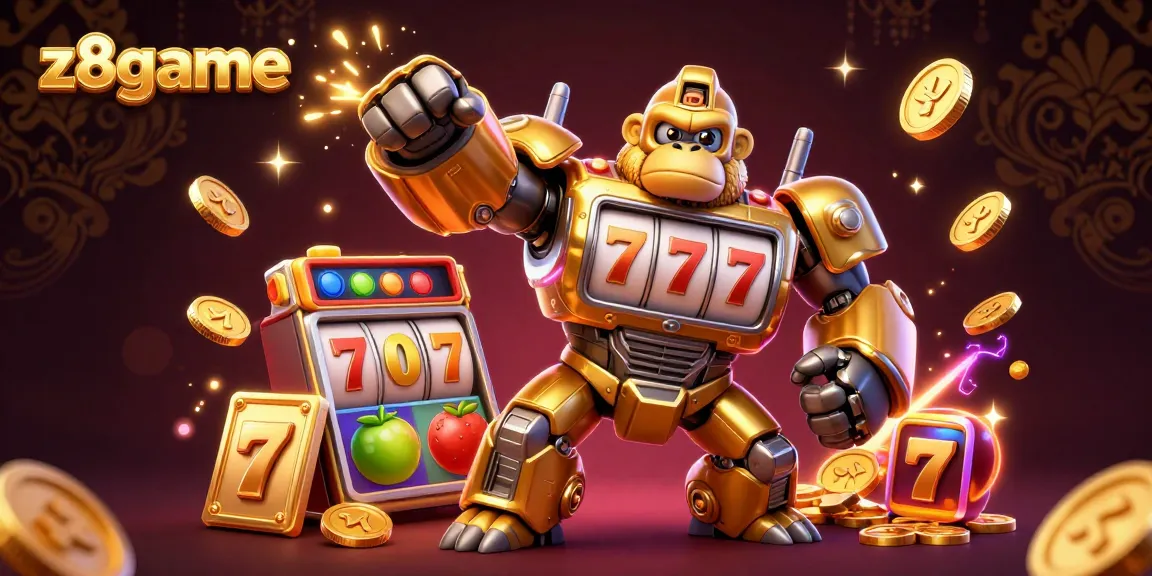 Z8game brings excitement with a golden gorilla mech and dynamic slot game elements in an engaging casino scene.