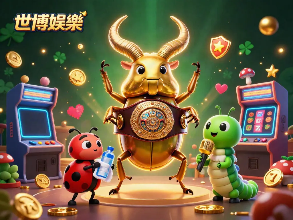 在百家樂環境中，世博娛樂呈現一隻巨大的金色甲蟲和趣味角色的互動場景。