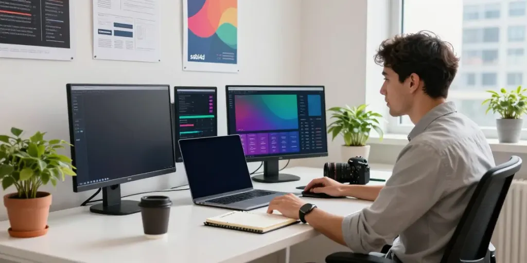 Engaged digital marketer analyzing data for sabi4d in a modern workspace.
