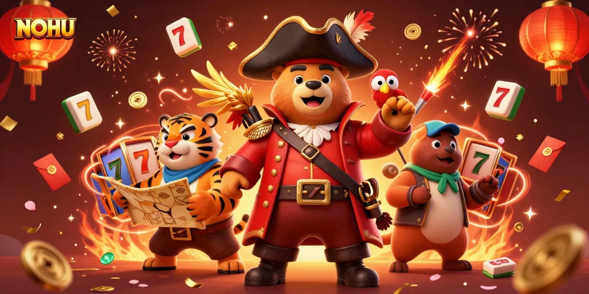 Experience exciting NOHU gaming with vibrant slot reels and a dynamic pirate-themed illustration.