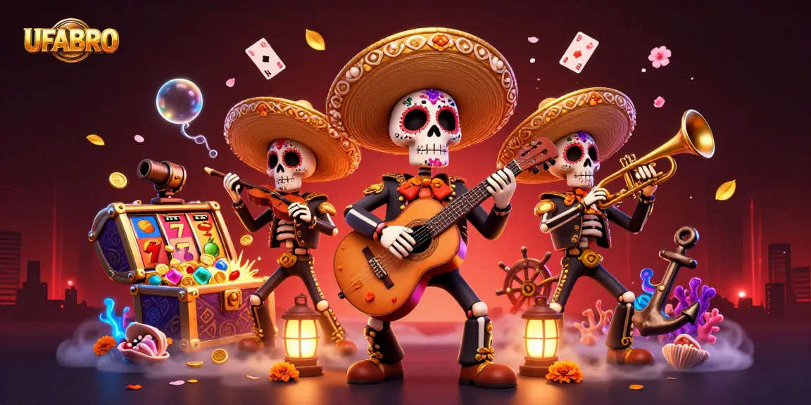 Experience the thrill of winning with UFABRO's vibrant casino scenes featuring mariachis and slot games.