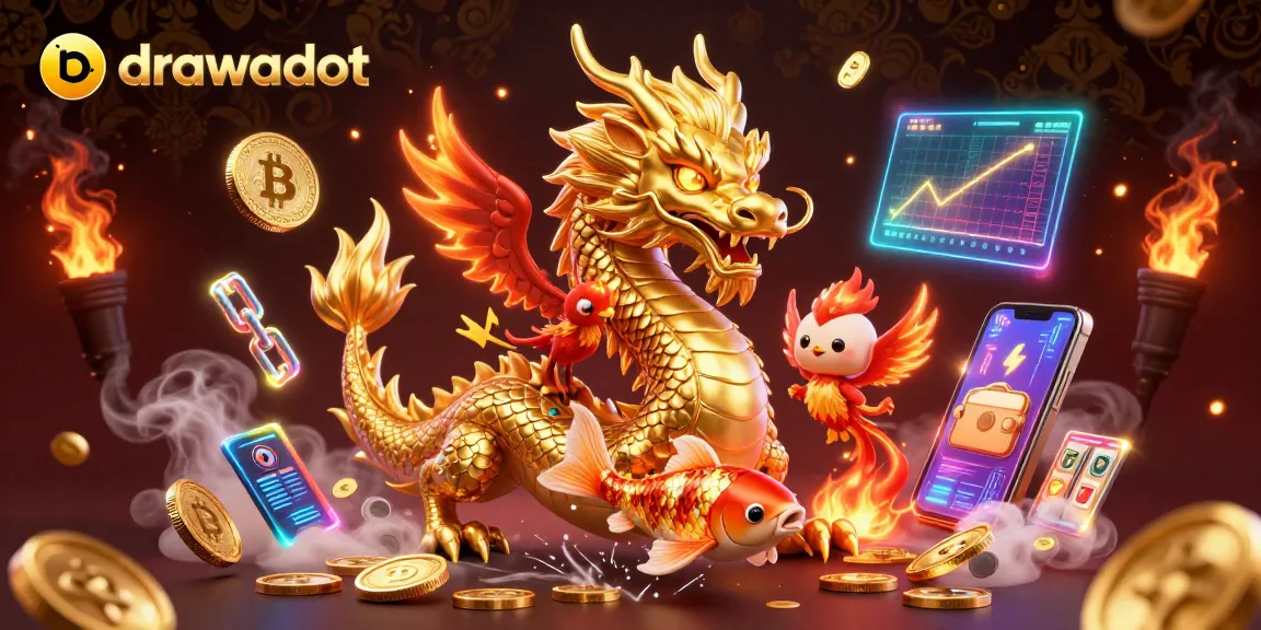 Experience drawadot's vibrant casino scene with a dragon, phoenix, and koi fish amidst glowing crypto elements.