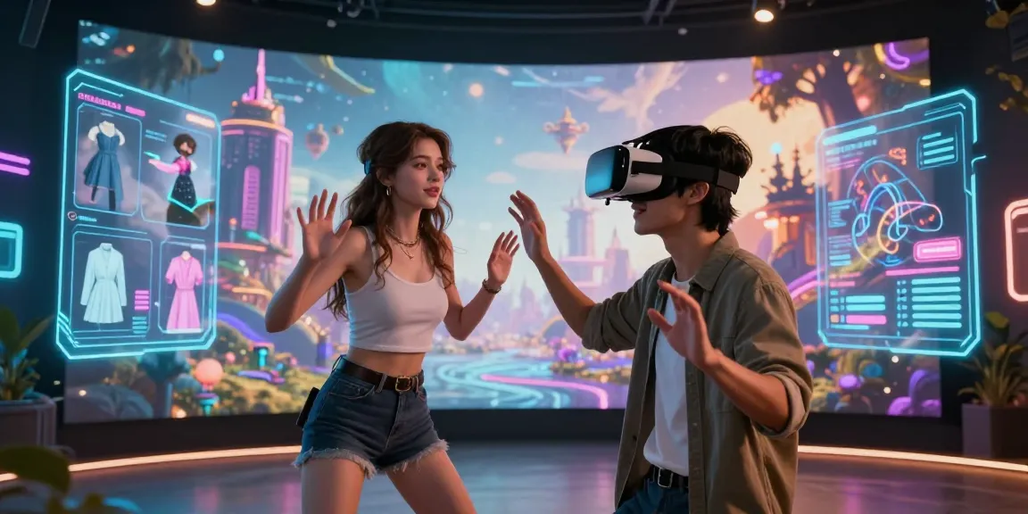 Engaging virtual reality experience with a lifelike nsfw AI girlfriend in a colorful digital landscape.