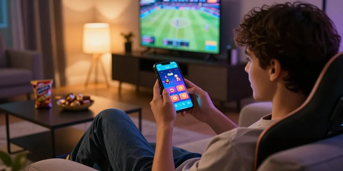 Experience สมัครfun88 on your smartphone in a relaxing gaming environment with vibrant graphics and snacks.