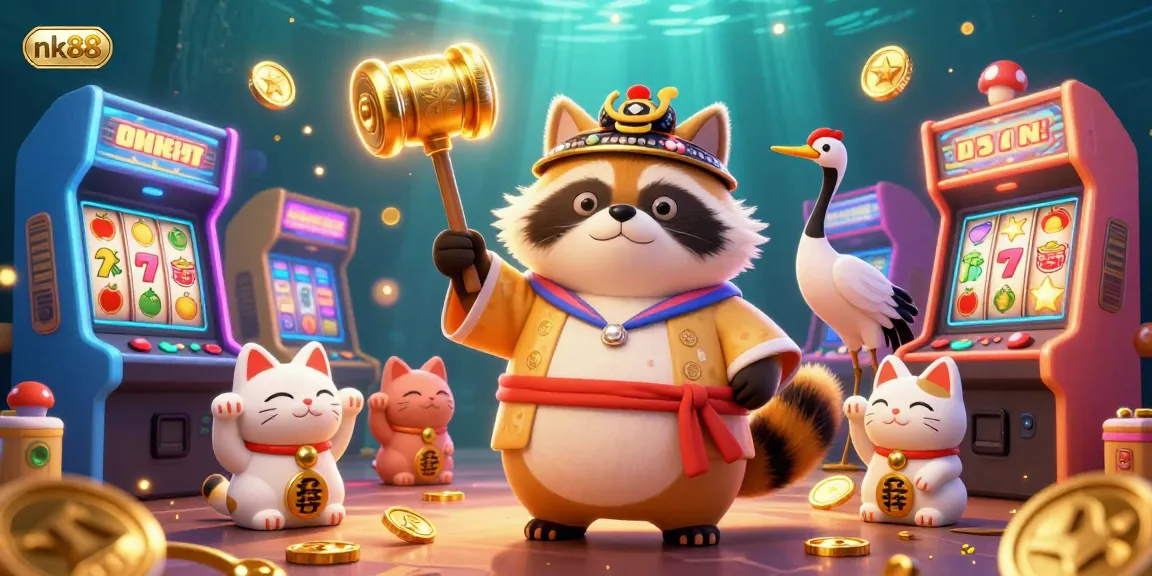 Experience nk88 with cheerful characters in a vibrant, lucky 3D casino illustration, embodying excitement and fortune.
