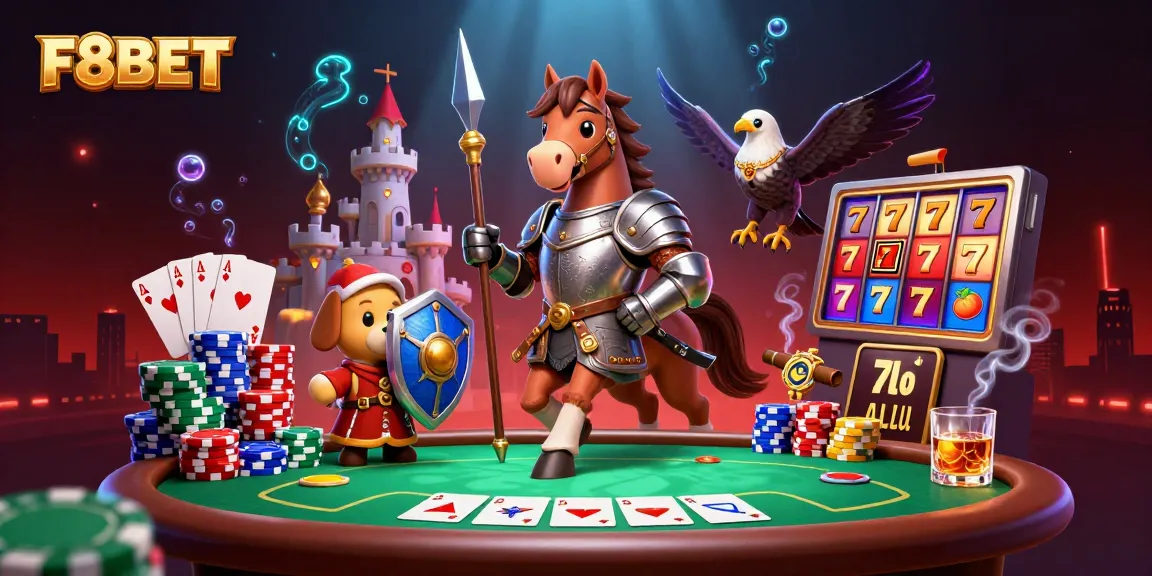 Engage with F8BET's vibrant casino world, featuring knightly characters amidst poker games and slot elements.