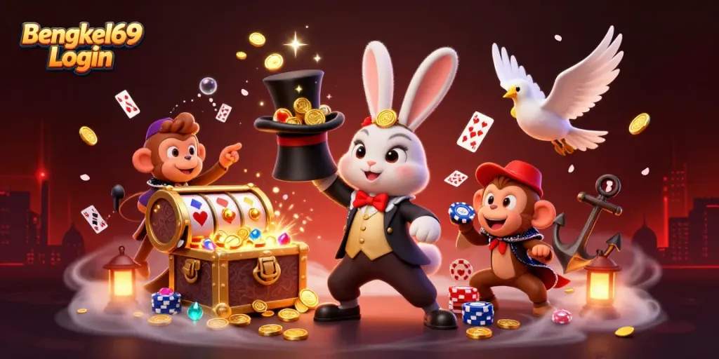 Experience the magic of Bengkel69 Login with a playful scene full of slot excitement.