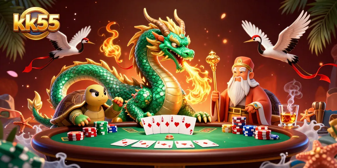 Experience thrilling gameplay with kk55 as a jade dragon and lucky cranes enhance the casino atmosphere.
