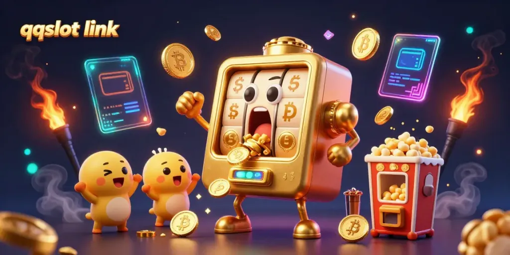 Experience the thrill of the qqslot link as the joyful slot machine hits a jackpot, coins spilling everywhere in a colorful casino scene.