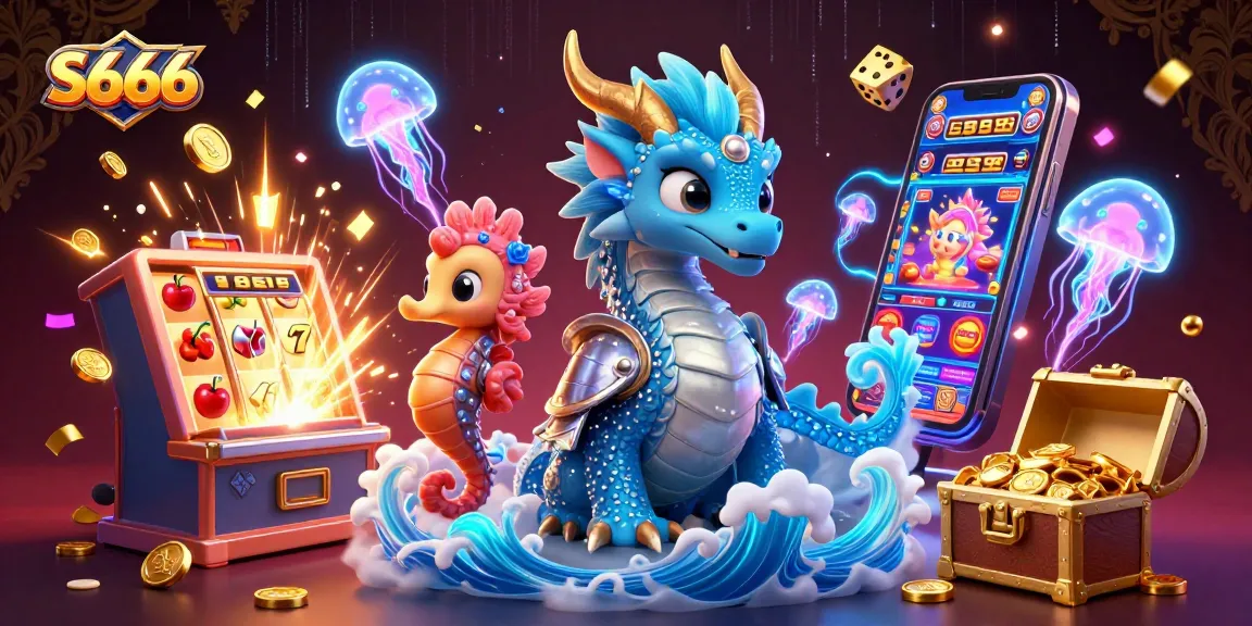 S666, a vibrant illustration of a casino with a dragon, seahorse knight, and glowing jellyfish, depicting exciting jackpot wins.