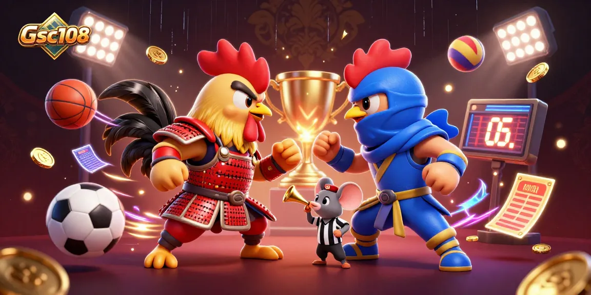 Gsc108 menyajikan duel spektakuler dua ayam tempur 3D di arena, simbol keberuntungan para pemain.