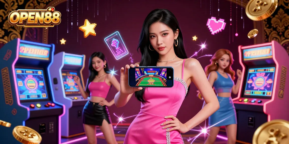 Engage with OPEN88 through live dealer casino games in a vibrant 3D illustration featuring dynamic characters and gaming elements.