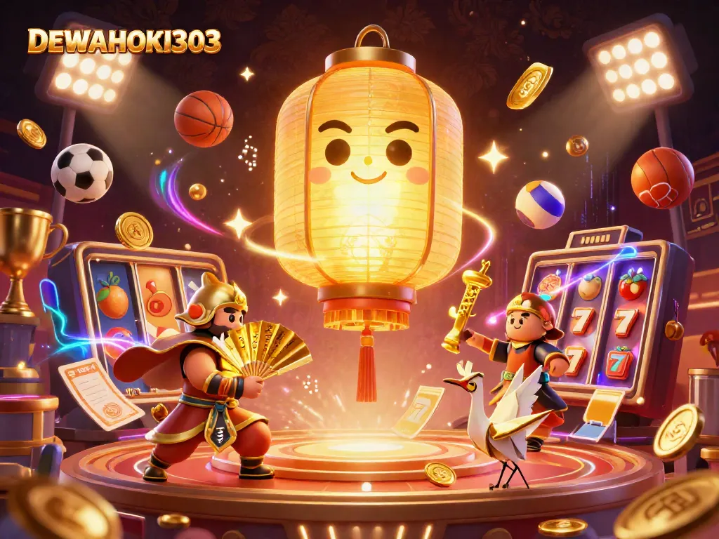 Menggambar pengalaman menarik DEWAHOKI303 dengan elemen permainan slot dan lampion emas dalam suasana kasino malam.