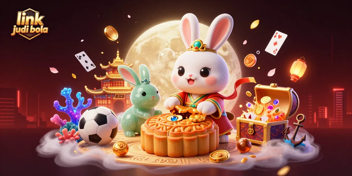 Bet on link judi bola with a thrilling scene of sports betting featuring a moon rabbit and treasures.