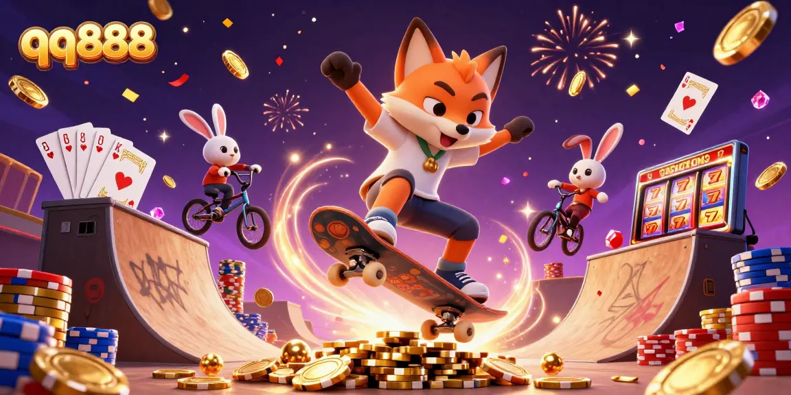 Experience the thrill of qq888 with dynamic casino action featuring a skateboarder fox and BMX rabbit.